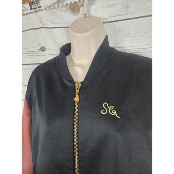 Stine Goya Embroidered Bomber Jacket Womens L Satin Full Zip Brown Black - Picture 2 of 12